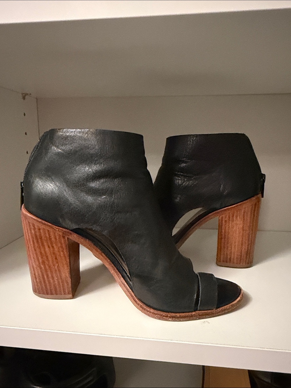 Loeffler Randall Black Leather Open-Toe Block Heel Ankle Boots